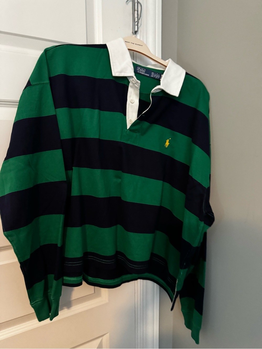 Polo by Ralph Lauren Green & Navy Wide-Stripe Rugby Sweater with White Collar